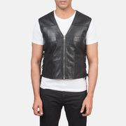 
Vista de detalle of Classic Collar & Zipper Hardware on Brandon Negro Chaleco de Cuero para Hombre