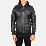 Detalle de cerca of High Neck &amp; Zipper Hardware on Men's Bravado Black Hooded Leather Bomber Jacket