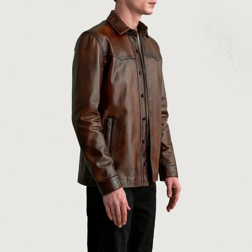 Bronco Efecto Envejecido Marrón Leather Shirt para Hombre