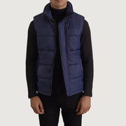 Bryan Azul Puffer Vest para Hombre in Blue Full-Grain Leather - Vista frontal y silueta a medida | Comprar online