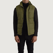 Bryan Verde Puffer Vest para Hombre in Green Full-Grain Leather - Vista frontal y silueta a medida | Comprar online