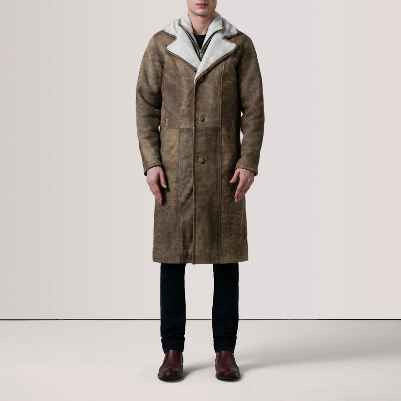 Cai Efecto Envejecido Marrón Leather Shearling Abrigo de Cuero para Hombre