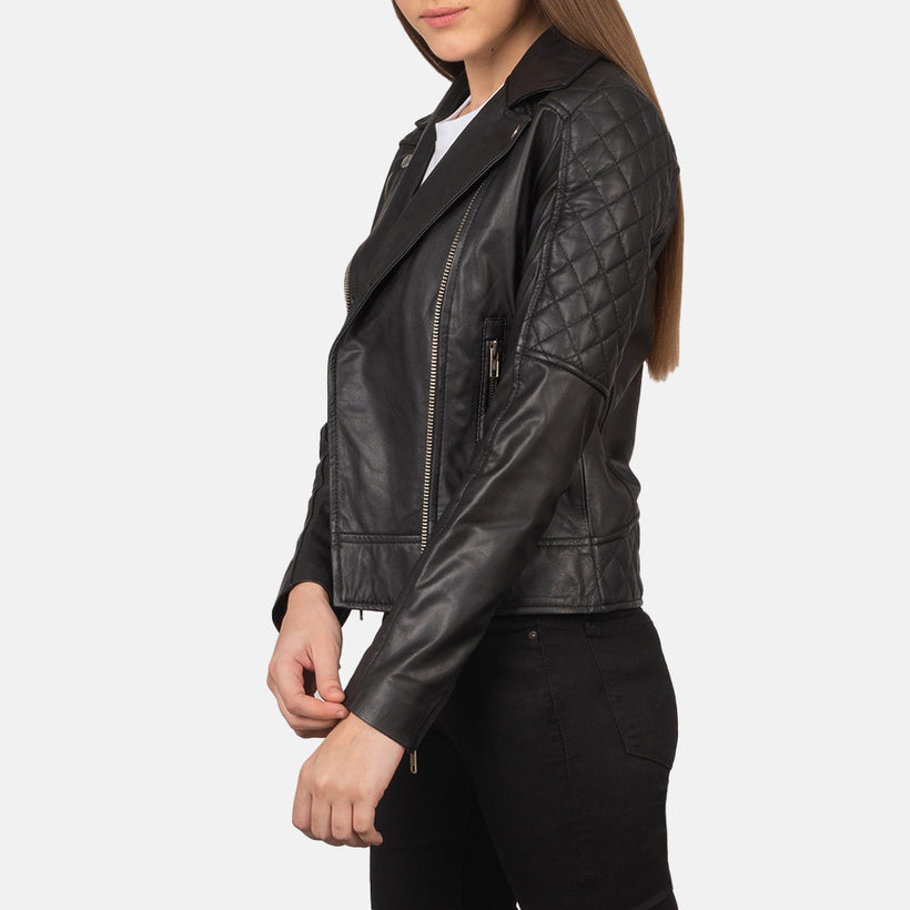 Carolyn Acolchado Negro Chaqueta Biker de Cuero para Mujer
