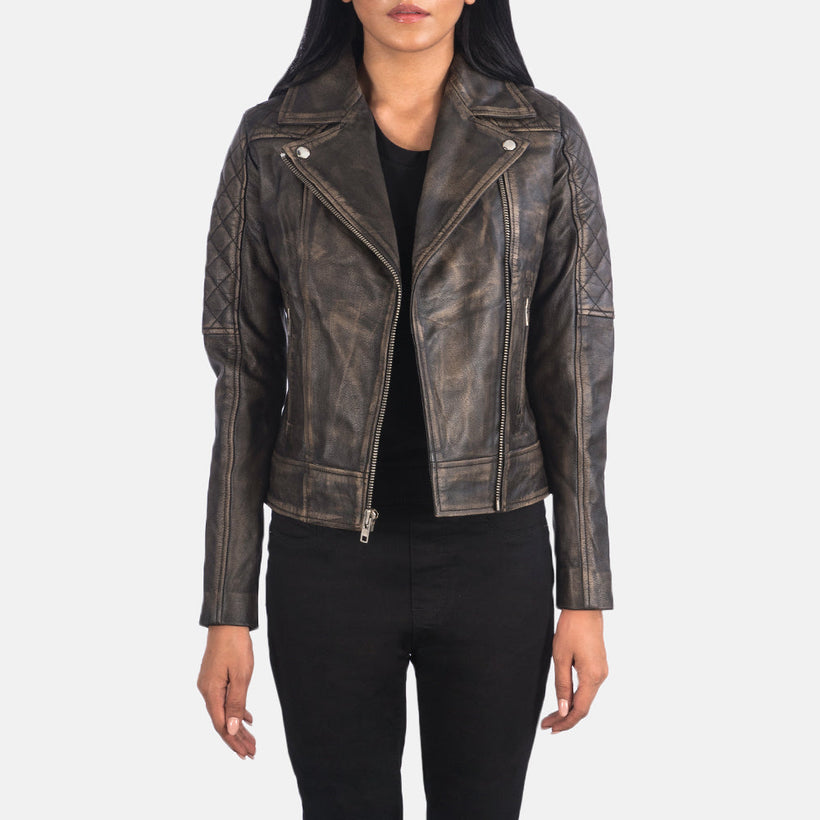 Carolyn Acolchado Efecto Envejecido Marrón Chaqueta Biker de Cuero para Mujer