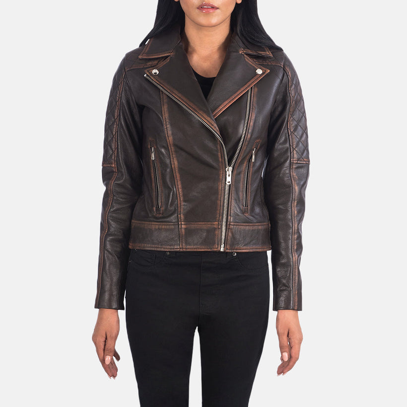 Carolyn Acolchado Vintage Marrón Chaqueta Biker de Cuero para Mujer
