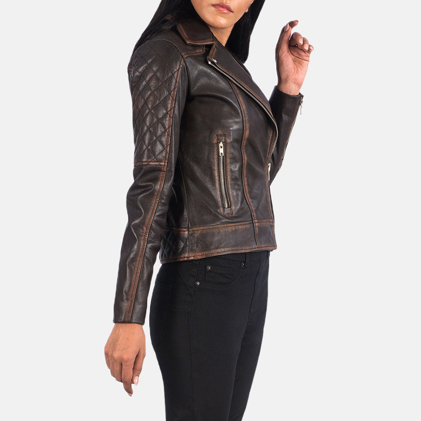 Carolyn Acolchado Vintage Marrón Chaqueta Biker de Cuero para Mujer