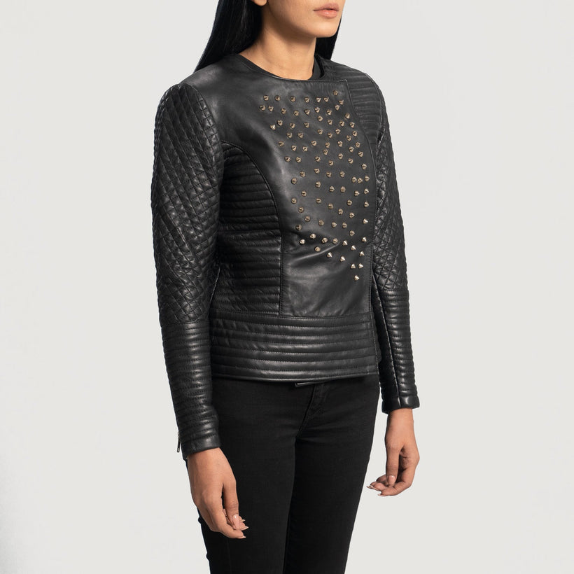 Celeste Studded Negro Chaqueta de Cuero para Mujer