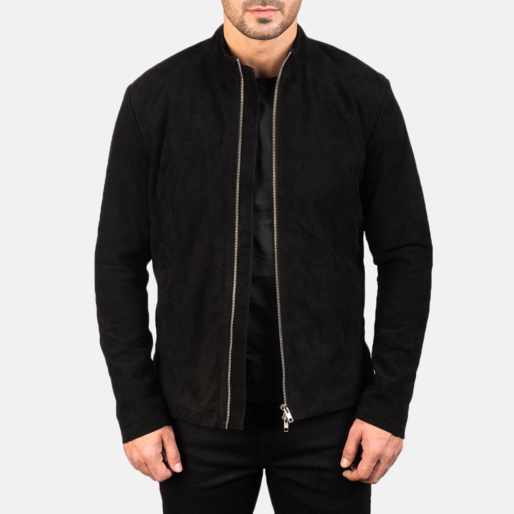 Charcoal Negro Suede Chaqueta Biker de Cuero para Hombre in Black Goatskin Suede - Vista frontal y silueta entallada | Comprar online