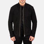 Charcoal Negro Suede Chaqueta Biker de Cuero para Hombre in Black Goatskin Suede - Vista frontal y silueta entallada | Comprar online