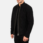 Black Goatskin Suede Biker Jacket - Vista posterior con hombros definidos y bajo impecable