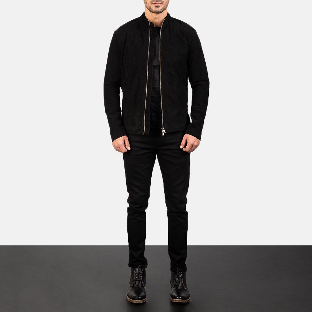 Charcoal Negro Suede Chaqueta Biker de Cuero para Hombre - Vista de perfil mostrando el corte ergonómico de manga