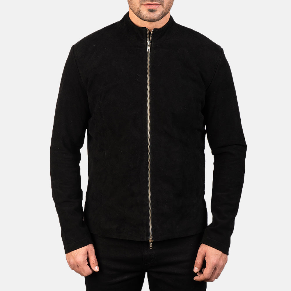 Detalle de cerca of Mandarin &amp; Zipper with Dual Puller Hardware on Charcoal Negro Suede Chaqueta Biker de Cuero para Hombre