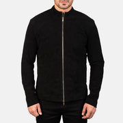 Detalle de cerca of Mandarin &amp; Zipper with Dual Puller Hardware on Charcoal Negro Suede Chaqueta Biker de Cuero para Hombre