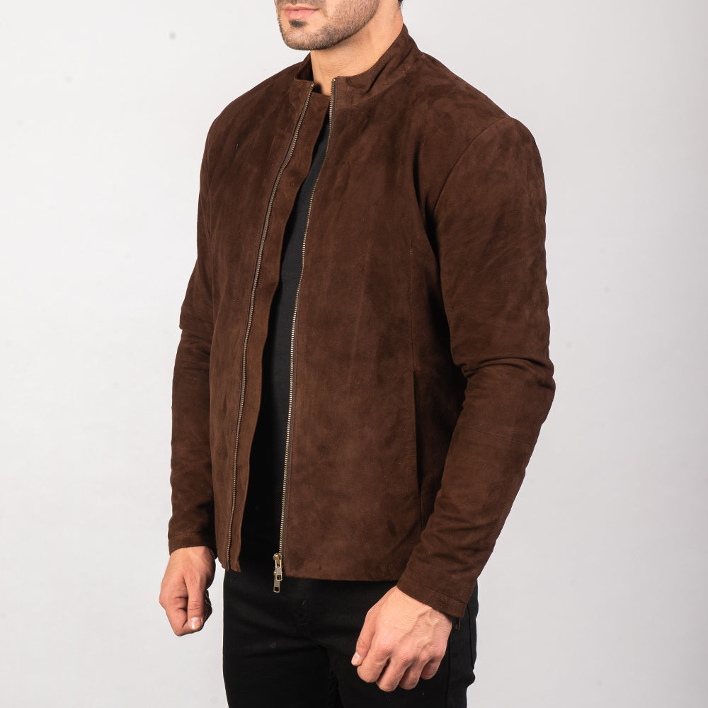 Dark Brown Goatskin Suede Biker Jacket - Vista trasera con ajuste entallado en hombros y bajo impecable