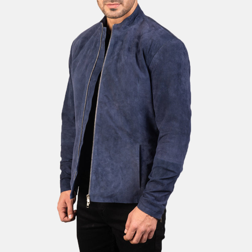 Charcoal Navy Azul Suede Chaqueta Biker de Cuero para Hombre