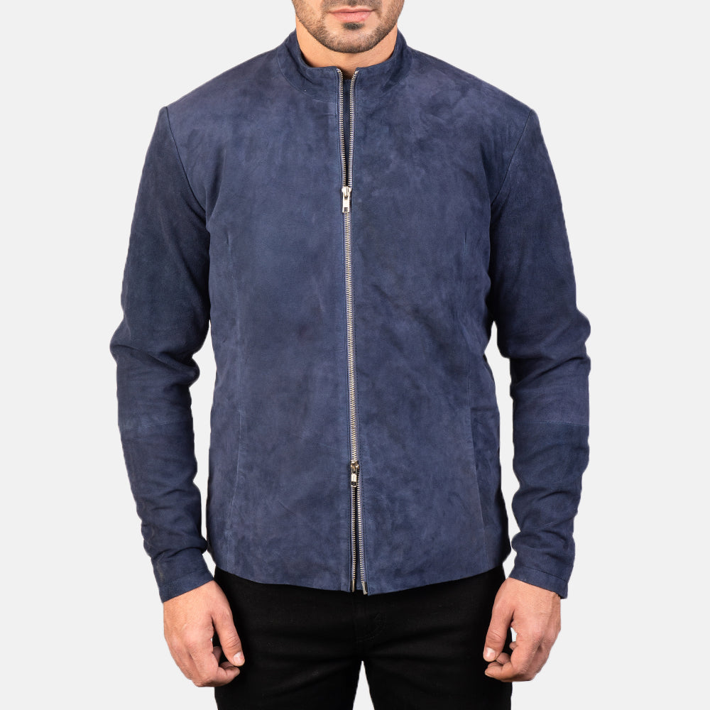 
Vista de detalle of Mandarin & Zipper with Dual Puller Hardware on Charcoal Navy Azul Suede Chaqueta Biker de Cuero para Hombre
