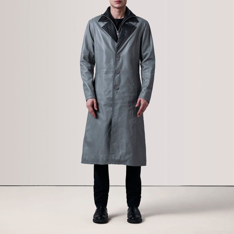 Charlton Gris Leather Single Breasted Abrigo de Cuero para Hombre