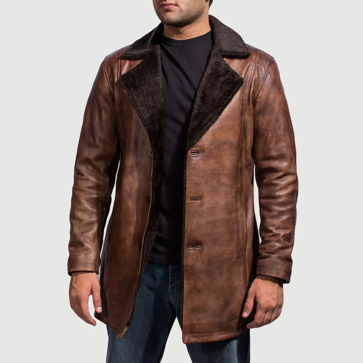 Men's Cinnamon Efecto Envejecido Leather Fur Abrigo de Cuero para Hombre in Distressed Brown Sheepskin Burnishing - Vista frontal y silueta a medida | Comprar online