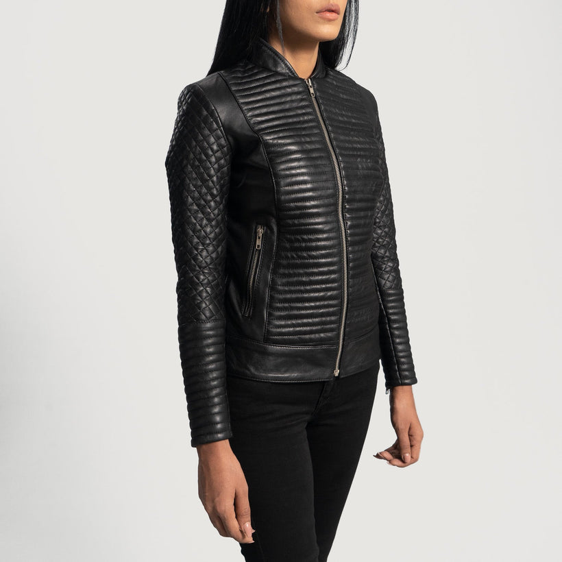 Cityscape Negro Chaqueta Biker de Cuero para Mujer