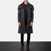 Men's Classic Efecto Envejecido Negro Leather Duster para Hombre in Distressed Black Sheepskin Snuffed - Vista frontal y silueta a medida | Comprar online