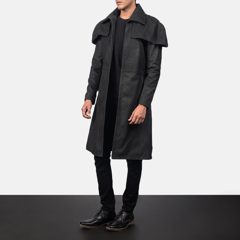 Distressed Black Sheepskin Snuffed Trench Coat - Vista trasera con ajuste entallado en hombros y bajo impecable