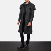 Distressed Black Sheepskin Snuffed Trench Coat - Vista trasera con ajuste entallado en hombros y bajo impecable