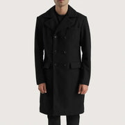 Men's Claud Black Wool Double Breasted Coat in Black Synthetic Wool - Vista frontal y silueta a medida | Comprar online