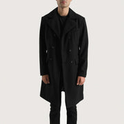 Detalle de cerca of Notch &amp; Button Hardware on Men's Claud Black Wool Double Breasted Coat