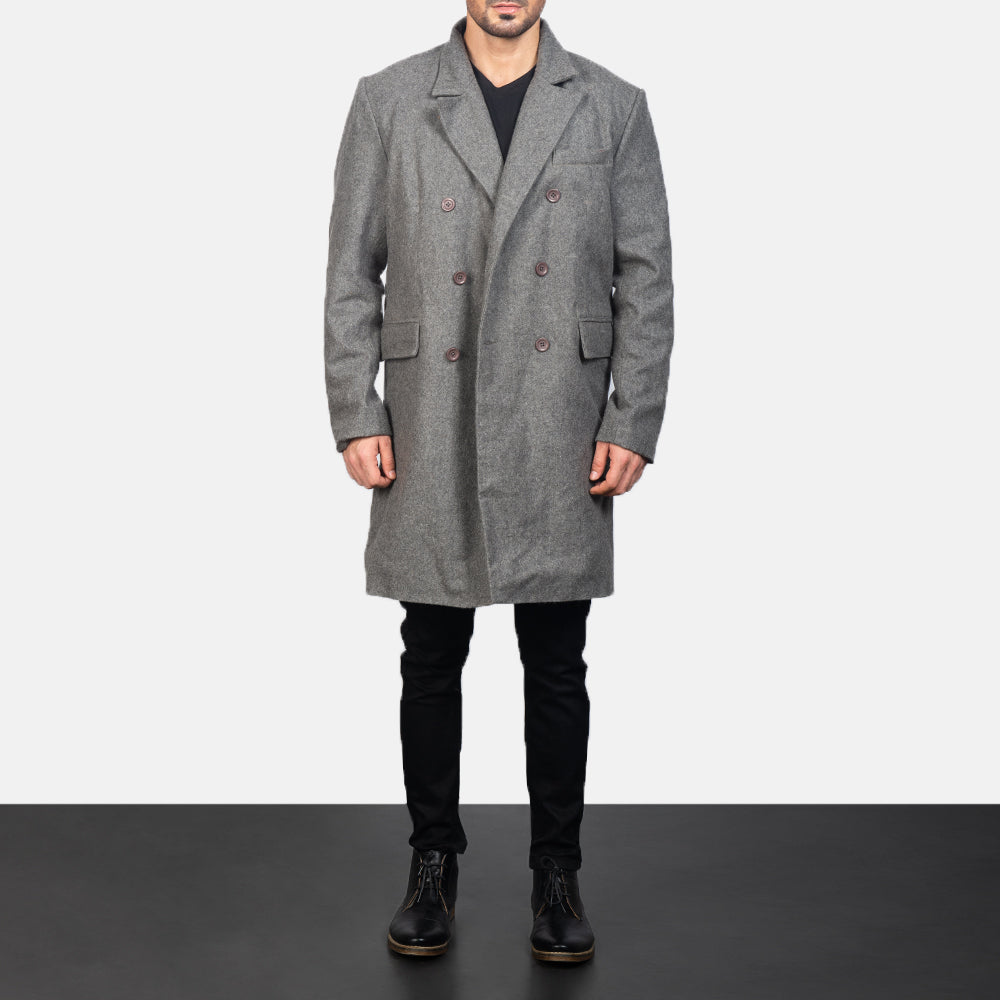 Men's Claud Grey Wool Double Breasted Coat in Grey Synthetic Wool - Vista frontal y silueta a medida | Comprar online