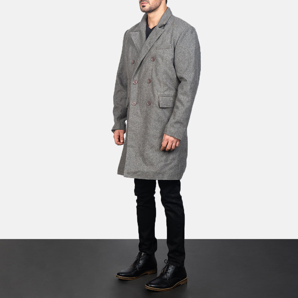 Grey Synthetic Wool Trench Coat - Vista trasera con ajuste entallado en hombros y bajo impecable
