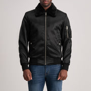 Clyde B-15 Black Bomber Jacket in Black Satin - Vista frontal y silueta a medida | Comprar online