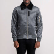 Clyde B-15 Grey Bomber Jacket in Grey Satin - Vista frontal y silueta a medida | Comprar online