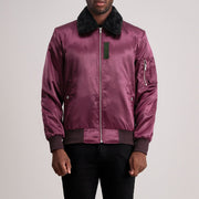 Clyde B-15 Granate Cazadora Bomber de Cuero para Hombre in Maroon Satin - Vista frontal y silueta a medida | Comprar online