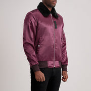 Maroon Satin Bomber Jacket - Vista trasera con ajuste entallado en hombros y bajo impecable