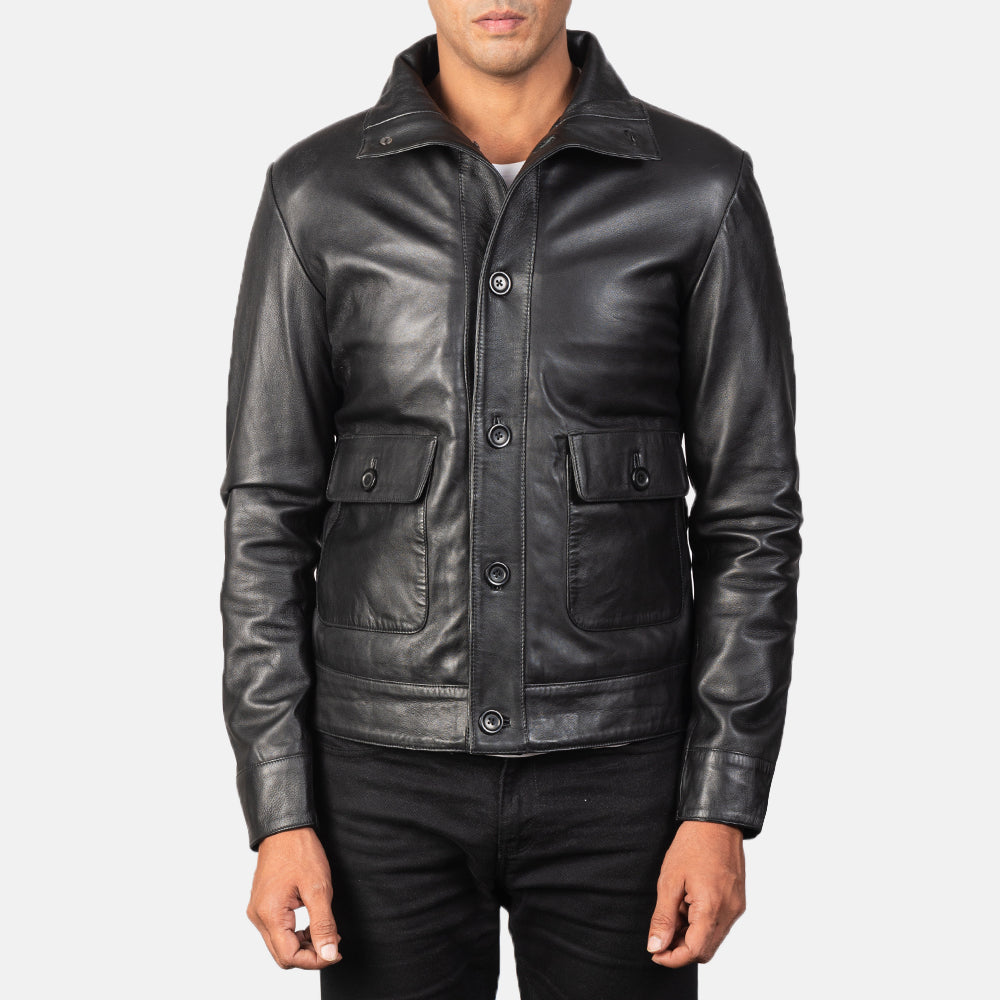 Norman Black Hooded Bomber Leather Puffer Jacket in Blue Sheepskin Leather - Vista frontal y silueta a medida | Comprar online