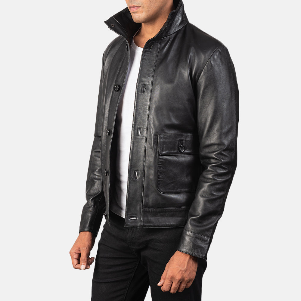 Blue Sheepskin Leather Bomber Jacket - Vista trasera con ajuste entallado en hombros y bajo impecable