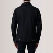 Detalle de cerca of Classic Collar &amp; Heavy-Duty Zipper Hardware on Conard Negro Denim Trucker Chaqueta de Cuero para Hombre For Men
