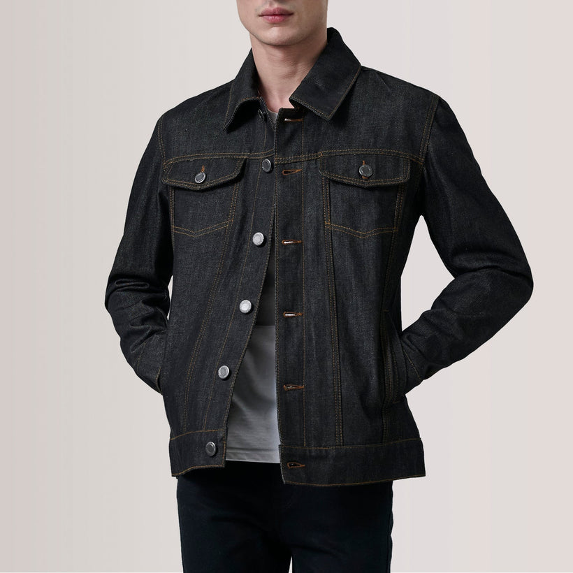 Conard Faded Negro Denim Trucker Chaqueta de Cuero para Hombre