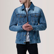 Conard Ice Blue Denim Trucker Jacket For Men in Ice Blue Full-Grain Leather - Front Profile View & Tailored Silhouette | Buy Online