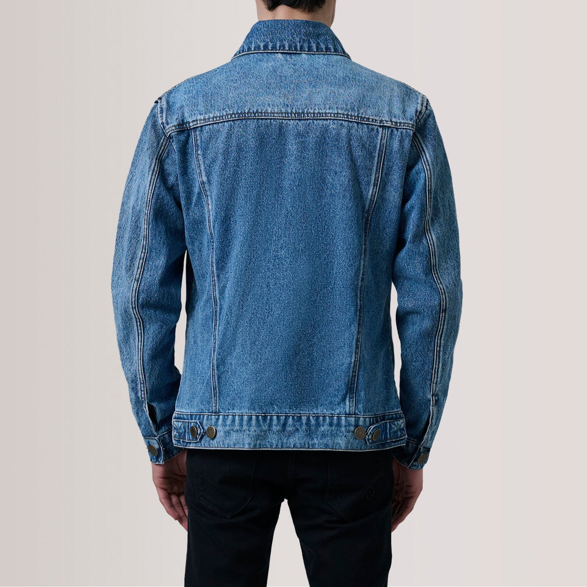 Close-Up Detail of Classic Collar & Heavy-Duty Zipper Hardware on Conard Ice Blue Denim Trucker Jacket For Men