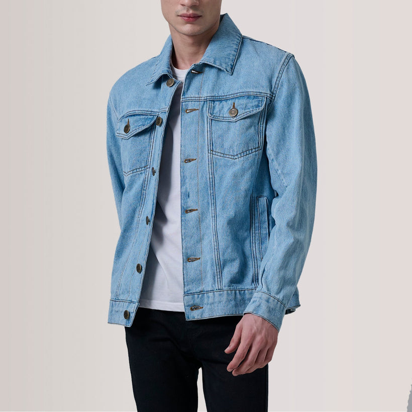 Conard Light Azul Denim Trucker Chaqueta de Cuero para Hombre