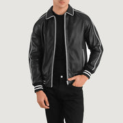 Cooper Black Leather Varsity Jacket in Black Sheepskin Leather - Vista frontal y silueta a medida | Comprar online