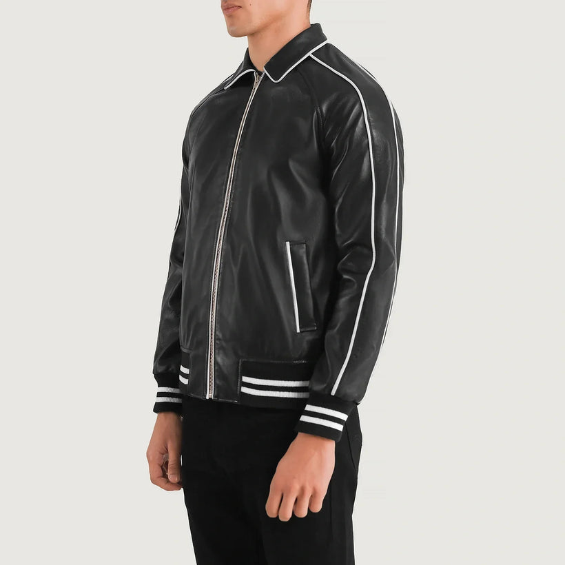Cooper Negro Leather Varsity Chaqueta de Cuero para Hombre