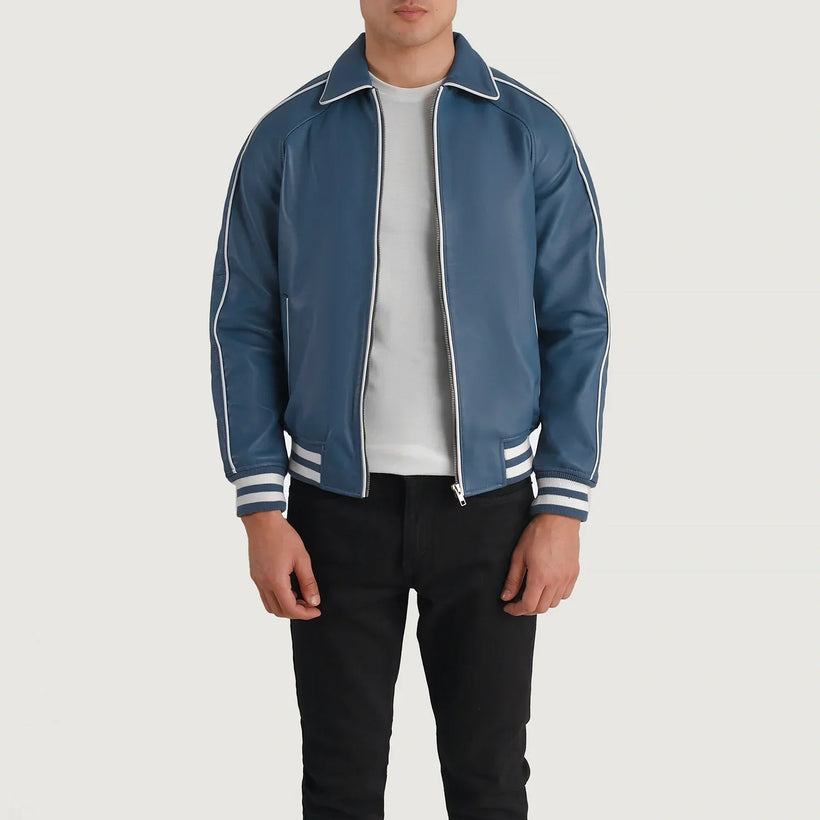 Cooper Azul Leather Varsity Chaqueta de Cuero para Hombre
