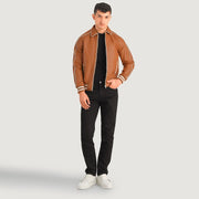 Cooper Tostado Marrón Leather Varsity Chaqueta de Cuero para Hombre in Tan Brown Sheepskin Leather - Vista frontal y silueta a medida | Comprar online