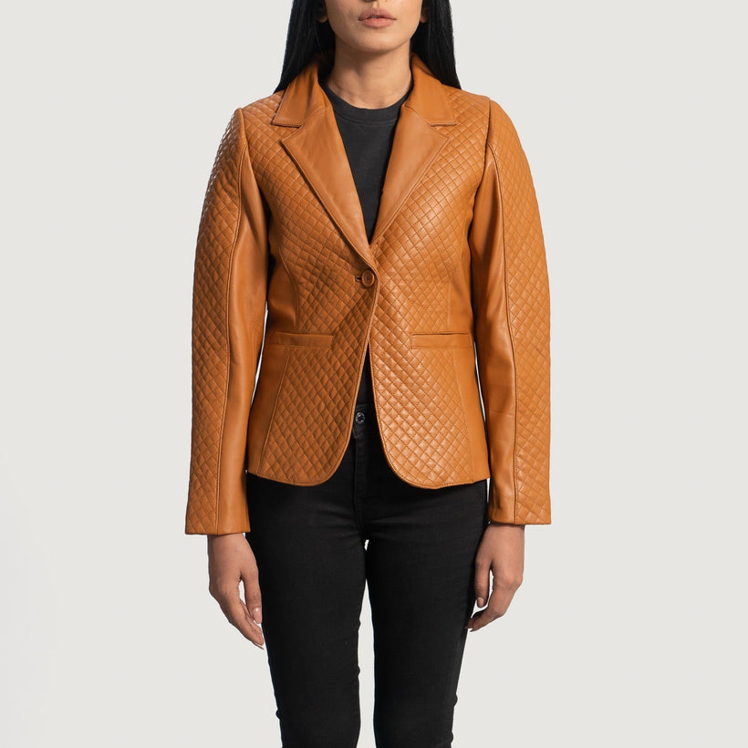 Cora Acolchado Marrón Blazer de Cuero de Cuero para Mujer
