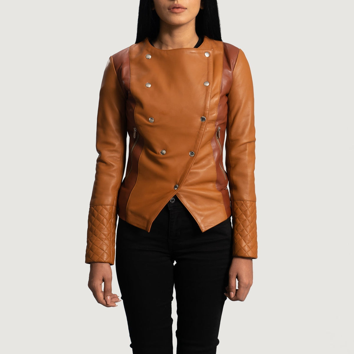 
County Tostado Overlap Chaqueta de Cuero para Mujer in Tan Brown Sheepskin Leather - Vista frontal y silueta entallada | Comprar online