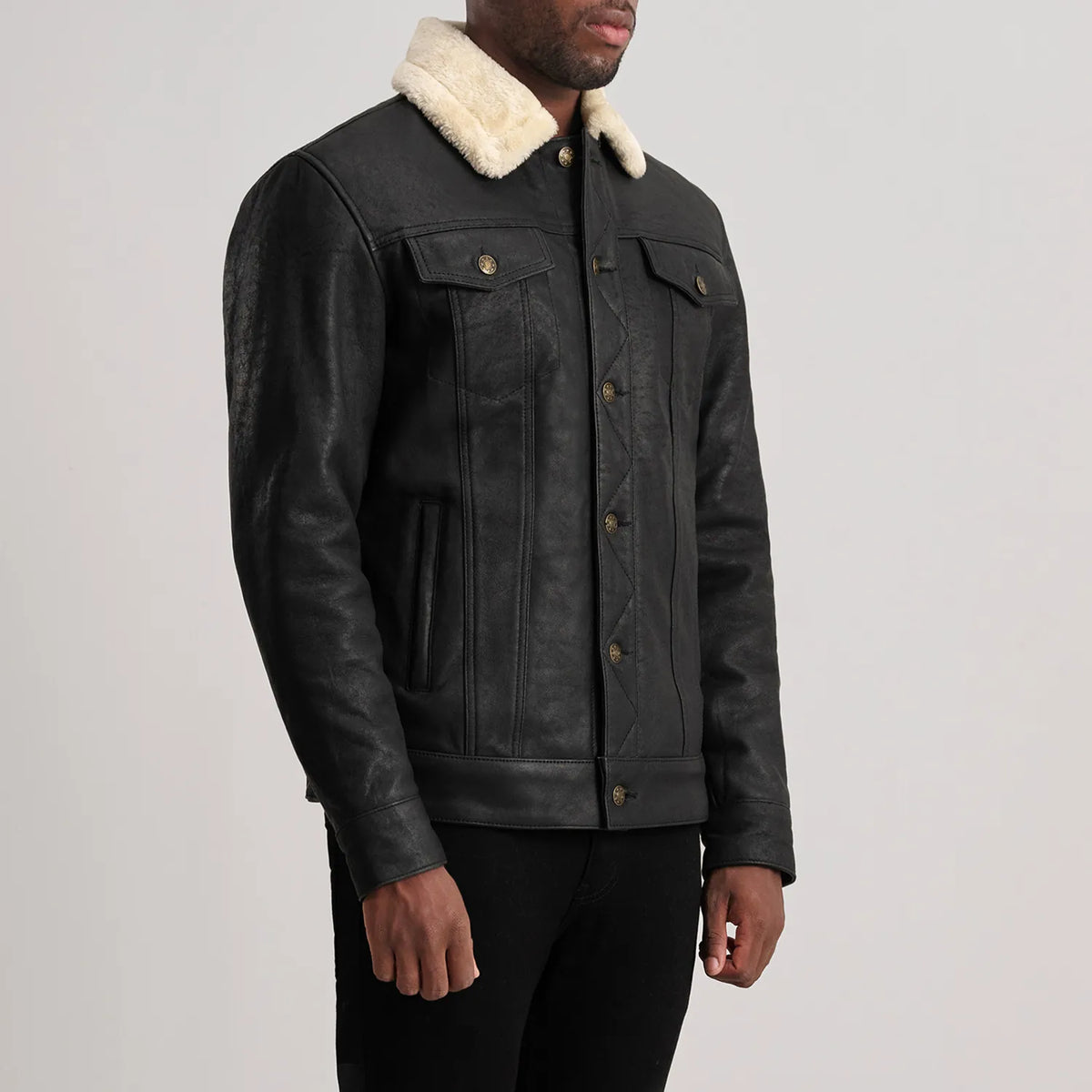 Distressed Black Sheepskin Snuffed Aviator Jacket - Vista trasera con ajuste entallado en hombros y bajo impecable