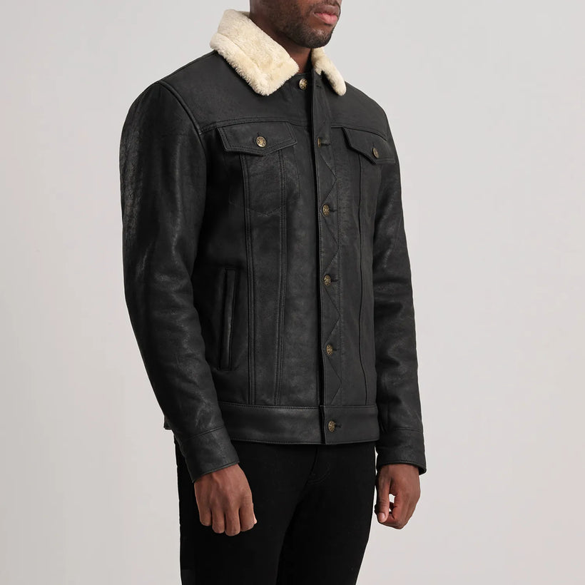 Dallis Negro Envejecido Leather Shearling Trucker Chaqueta de Cuero para Hombre