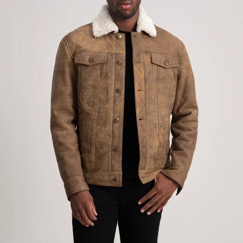 Dallis Marrón Envejecido Leather Shearling Trucker Chaqueta de Cuero para Hombre